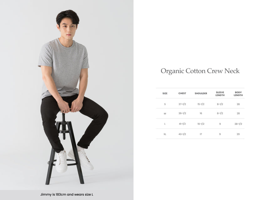 Mens Organic Cotton Crew Neck T-shirt Sizing Guide