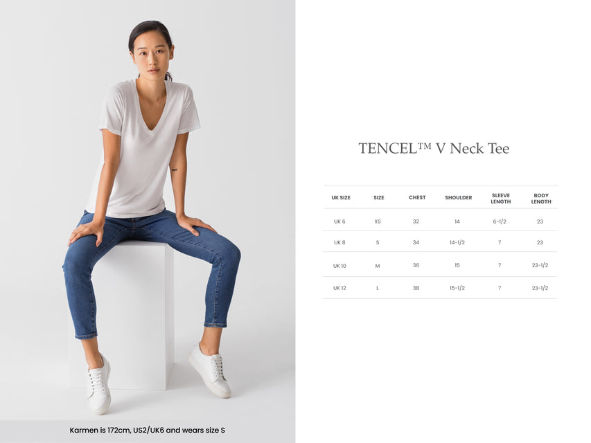 Womens TENCEL Lyocell V Neck T-shirt Sizing Guide