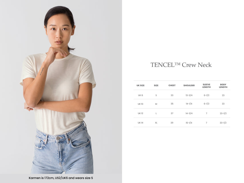 Womens TENCEL Lyocell Crew Neck T-Shirt Sizing Guide