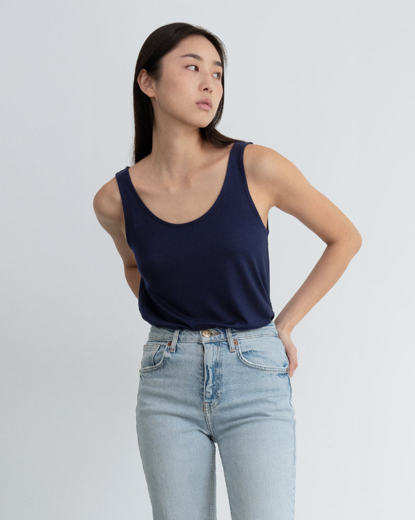 Women Tencel Relaxed Tank Navy Blue Featured