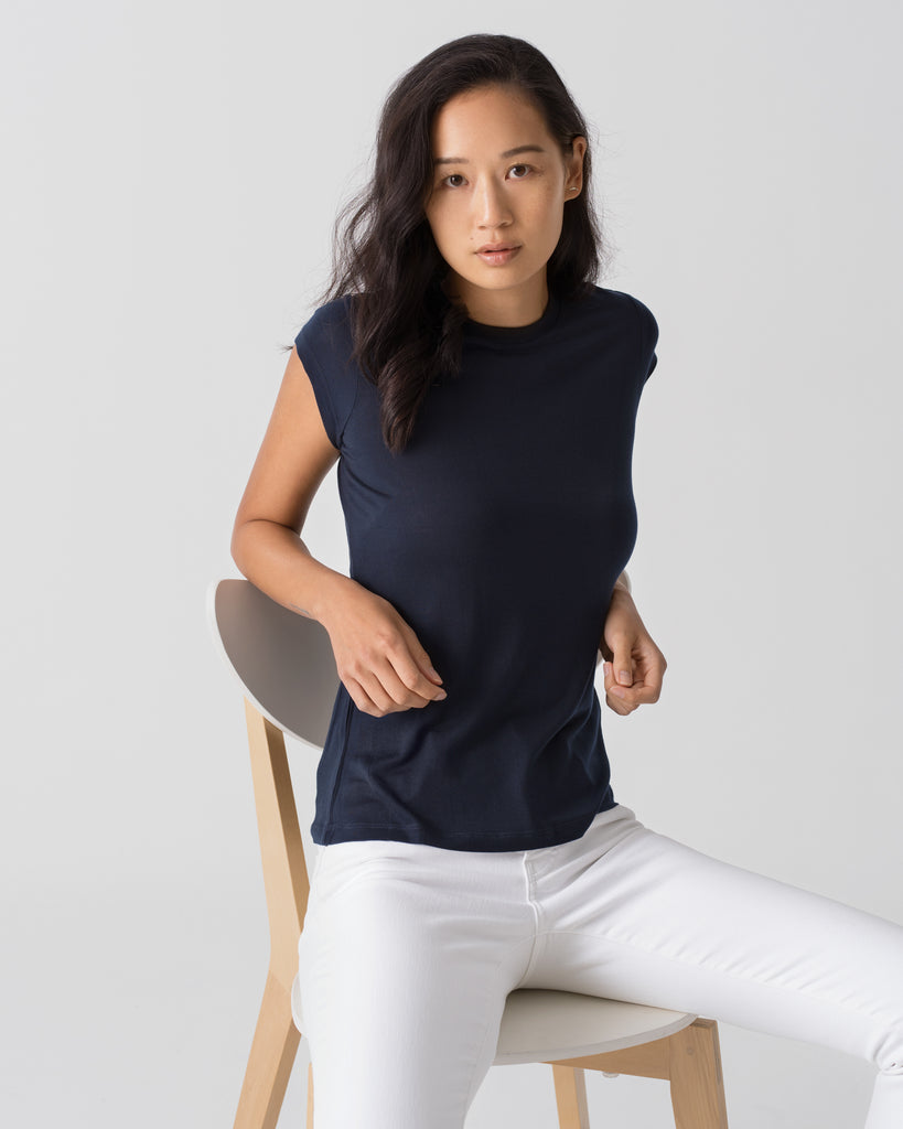 Women Tencel Lyocell Cap Sleeve T-Shirt Navy Blue Featured
