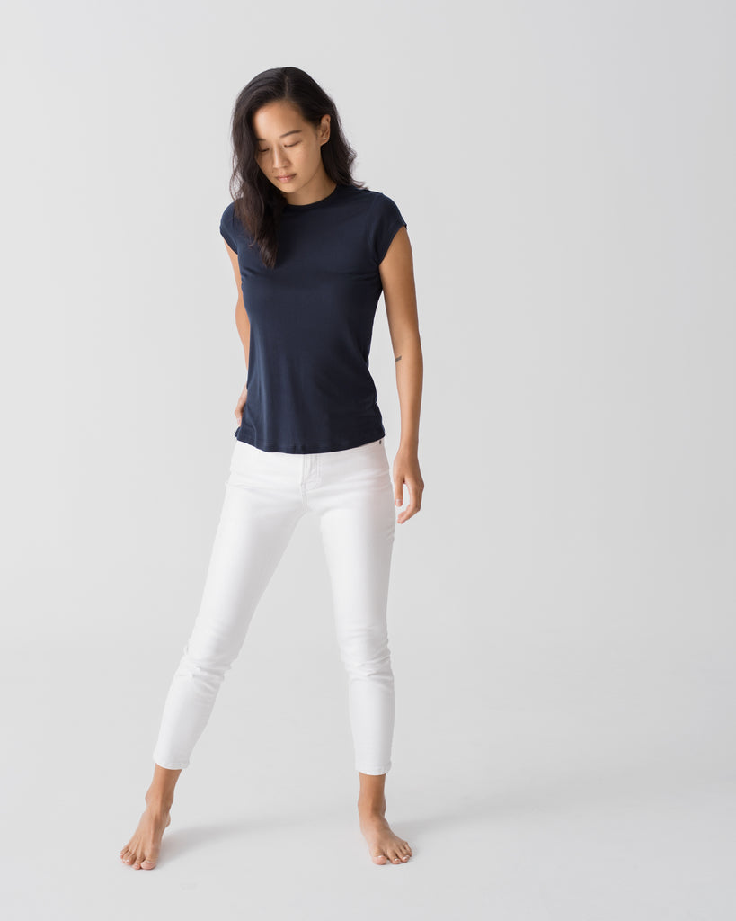 Women Tencel Lyocell Cap Sleeve T-Shirt Navy Blue