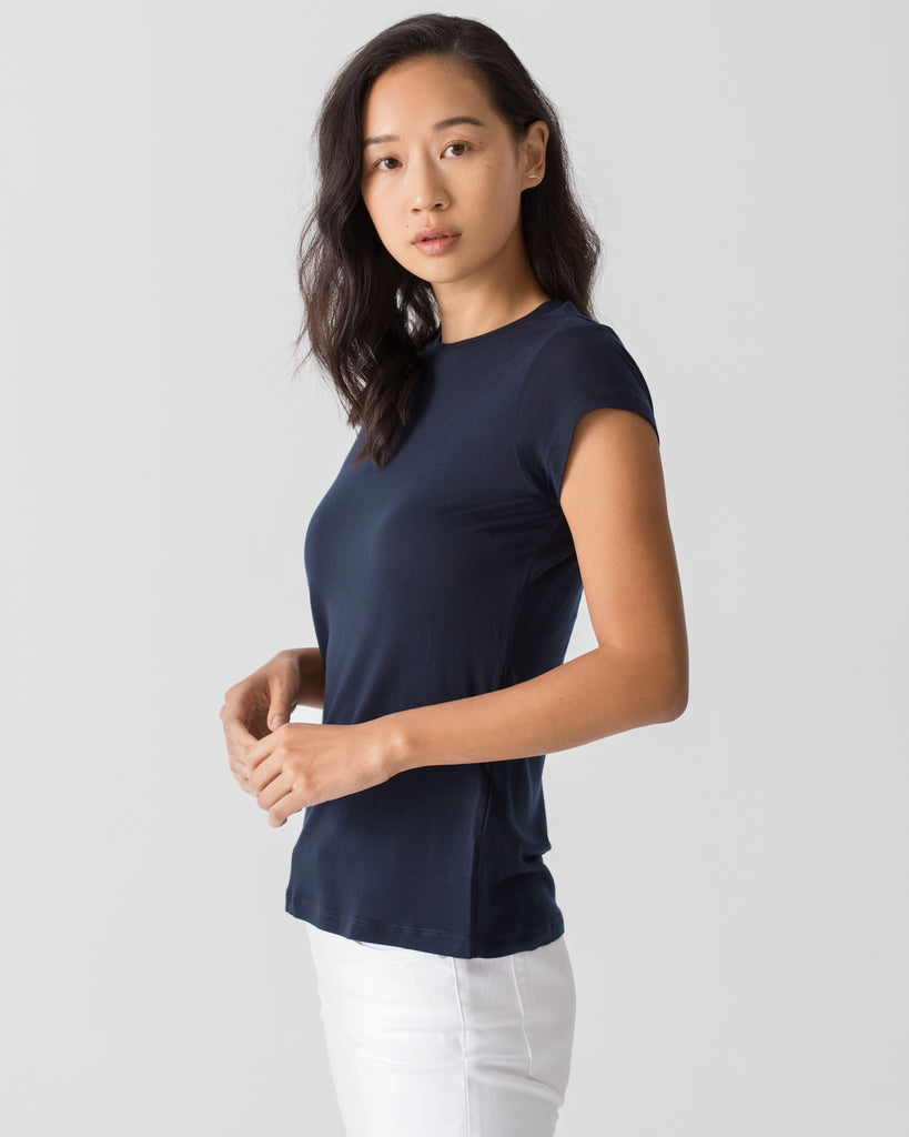 Women Tencel Lyocell Cap Sleeve T-Shirt Navy Blue