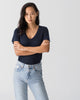 Women Tencel Lyocell V-Neck T-shirt Navy Blue Featured