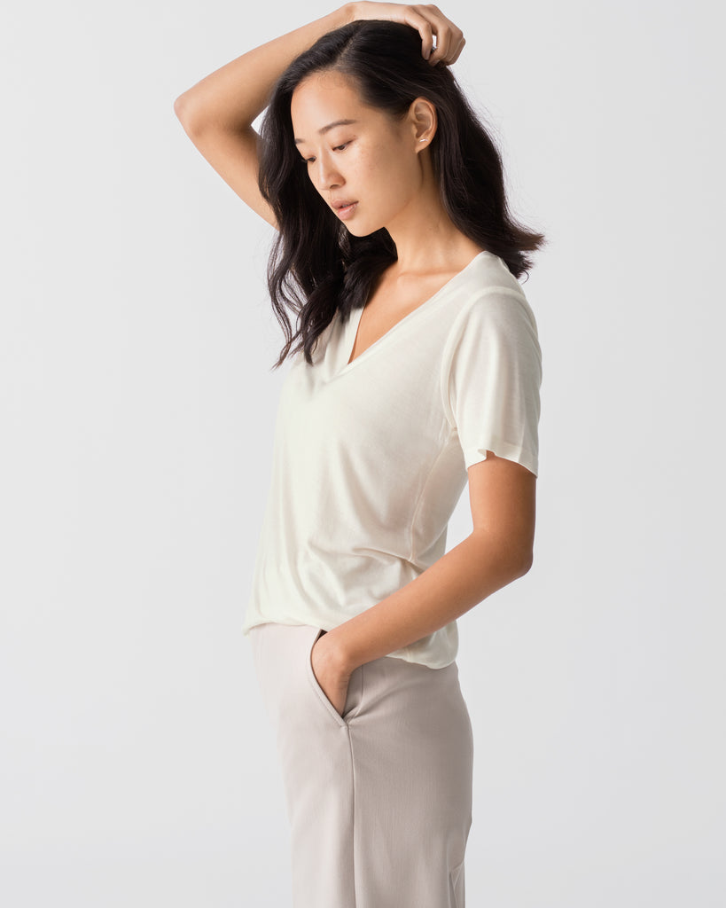 Women Tencel Lyocell V-Neck T-shirt Off-White