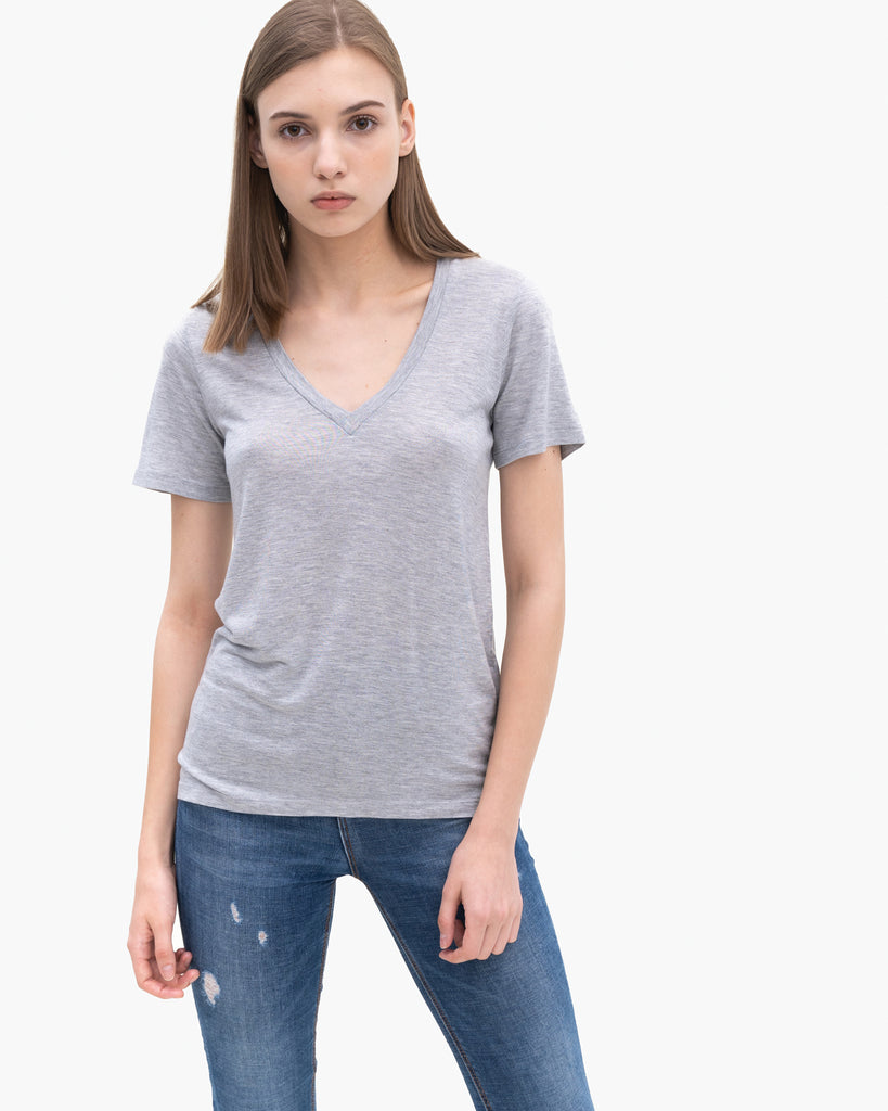 Women Tencel Lyocell V-Neck T-shirt Grey