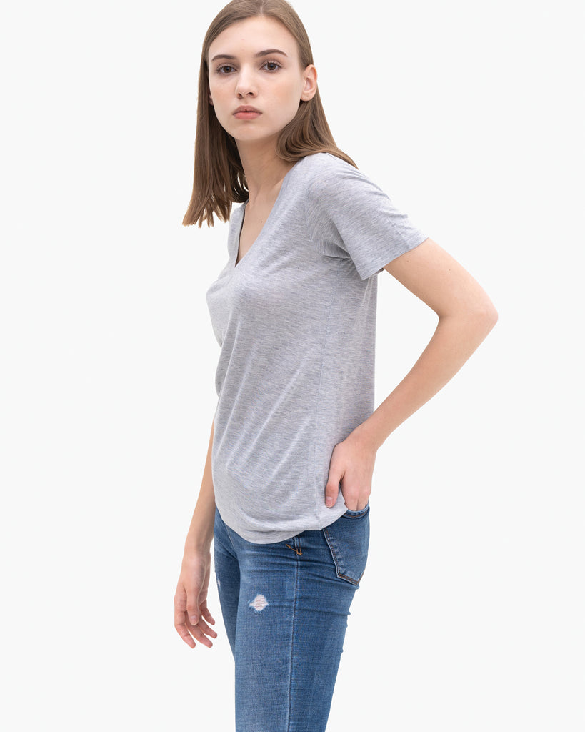 Women Tencel Lyocell V-Neck T-shirt Grey