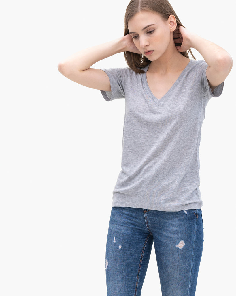 Women Tencel Lyocell V-Neck T-shirt Grey Featured